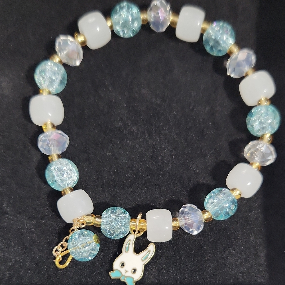 Aqua White Beaded Bunny Charm Bracelet
